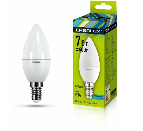 Лампа светодиодная «Ergolux» LED С35  7W, 60Вт (Е14) 6500К «свеча» (1/10/100шт)/12874/879450 фото 1